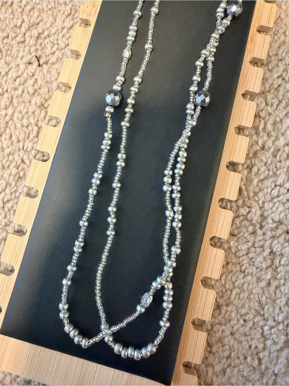Vintage 90’s 36 inch Silver Beaded necklace with pewter accents